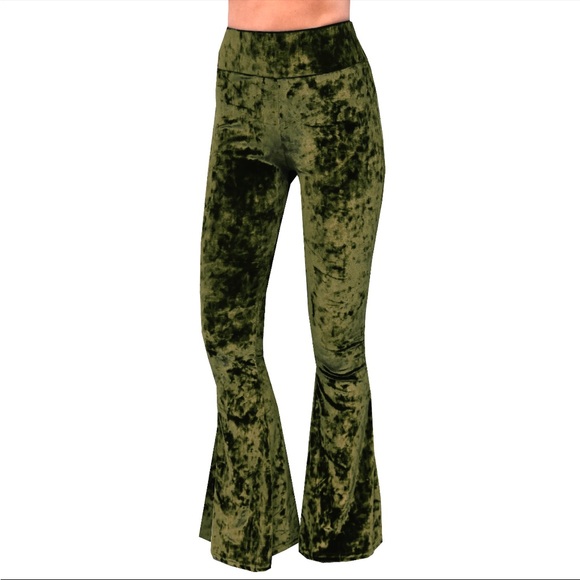 Olive Green Crushed Velvet Bell Bottom Flare Pants - Picture 5 of 12